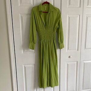 Free People Chartreuse Long-Sleeve Smocked Waist Dress